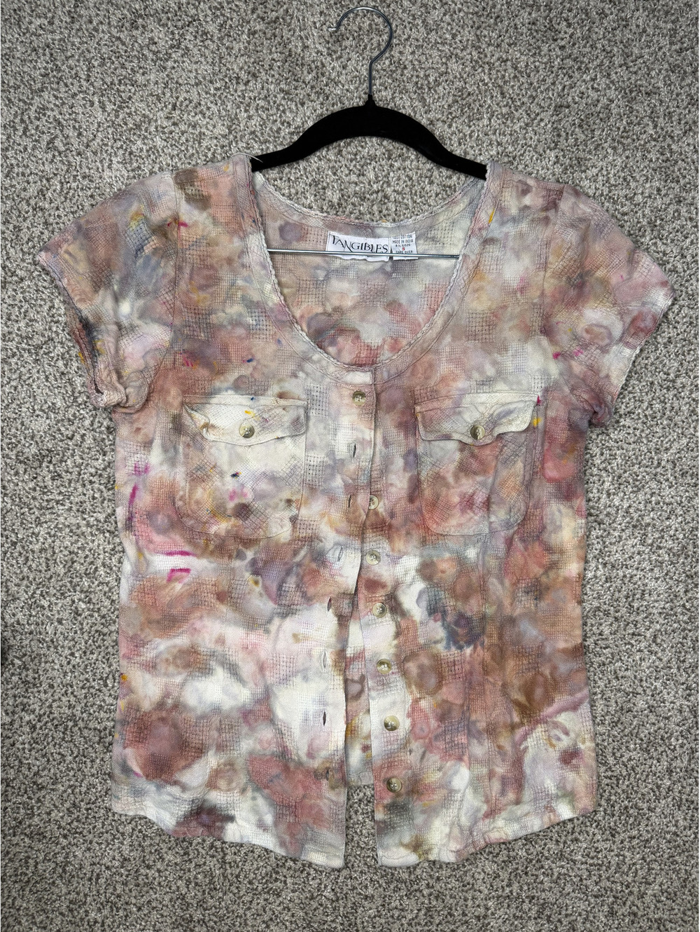 Vintage Tie Dye Women's Button-Up Short Sleeve Cotton Top Size S